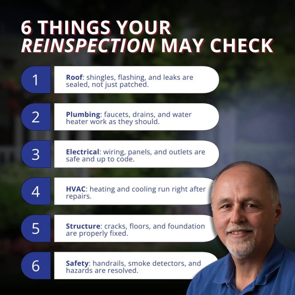 6 things a reinspection may check — roof, plumbing, electrical, HVAC, structure, and safety — verified by an America's Choice Inspections inspector.