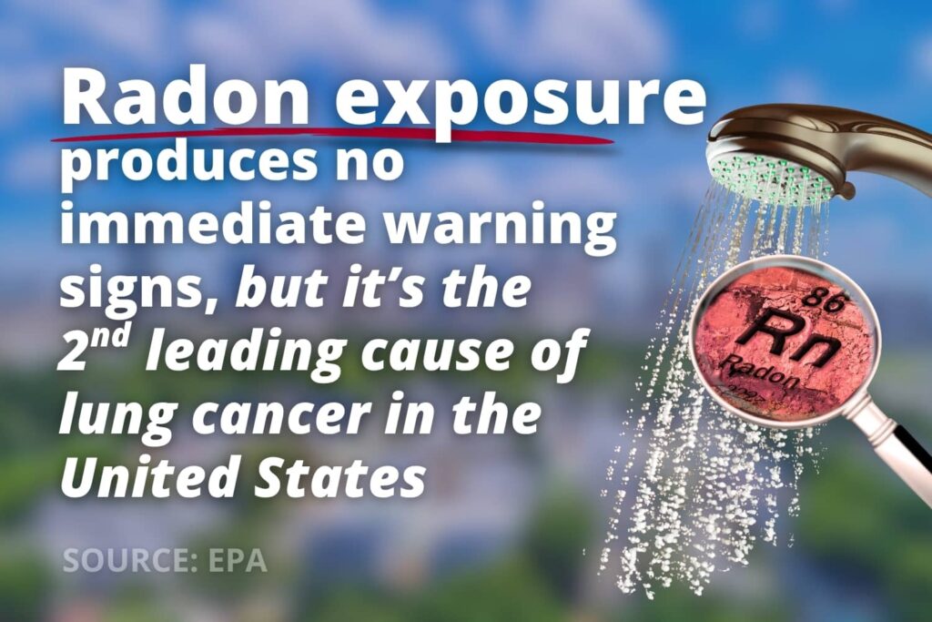 Data graphic displaying an EPA statistic on radon exposure for home air and water