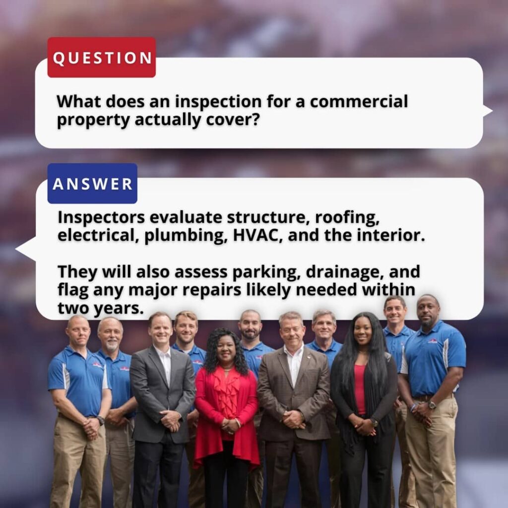 America's Choice Inspections team graphic answering what a commercial assessment covers to protect commercial property value.
