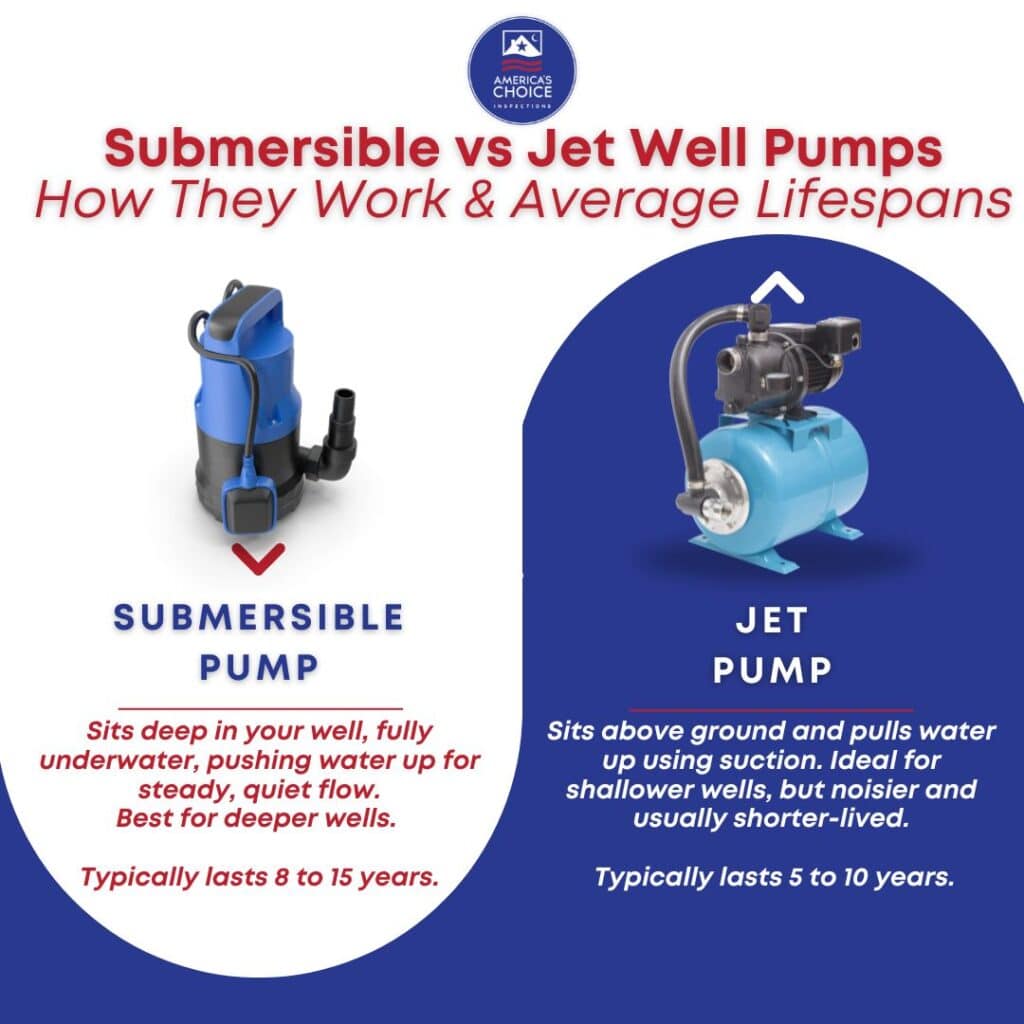 Submersible vs jet well pump comparison showing how each type works and how long a well pump lasts, 8 to 15 years for submersible and 5 to 10 for jet