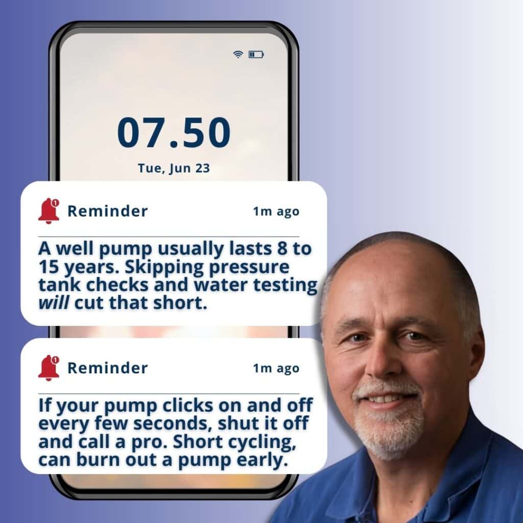 Well pump maintenance reminders showing a well pump lasts 8 to 15 years and that short cycling can cause early failure