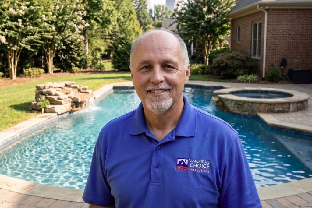 America's Choice Inspections pool inspector standing in front of a residential pool and spa in Charlotte, NC