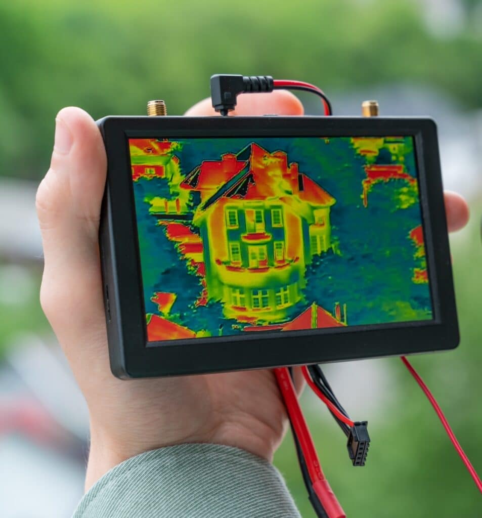 Hands holding a thermal imaging display screen showing a color-coded heat map scan of a house exterior.